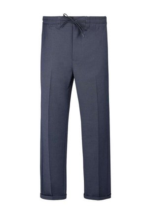 Pantalon bleu marine à jambes droites avec taille élastique et cordon de serrage, présentant un pli à l'avant et des ourlets retroussés.