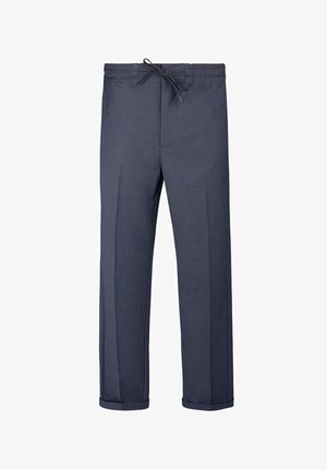Pantalon bleu marine à jambes droites avec taille élastique et cordon de serrage, présentant un pli à l'avant et des ourlets retroussés.