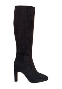 Bottines en daim noir, montantes jusqu'au genou, avec un bout pointu, un talon épais, une texture lisse et un minimalisme dans les détails de couture sur les côtés.