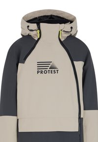 Giacca beige e grigio scuro con colletto alto, zip frontale, cappuccio regolabile e logo nero. Realizzata in materiale elegante e resistente alle intemperie.