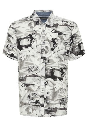 Korte mouwen overhemd met knopen in zwart en wit, met een tropisch bloemen- en landschap patroon, silhouetten en een borstzak.