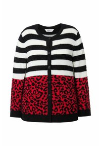 Strickjacke mit schwarz-weißen Streifen, einem roten Leopardenmuster im unteren Bereich und Knopfverschluss mit schwarzem Rand. Weicher Stoff.