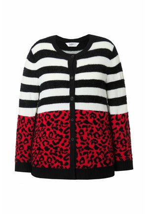 Pletený cardigan s černobílými pruhy, spodní částí s červeným leopardím vzorem a zapínáním na knoflíky s černým lemováním. Měkká textura.
