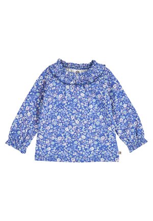 Bluse für Mädchen mit langen Ärmeln in Blau, mit pinkem und weißem Blumenmuster, gerafftem Kragen und elastischen Bündchen.