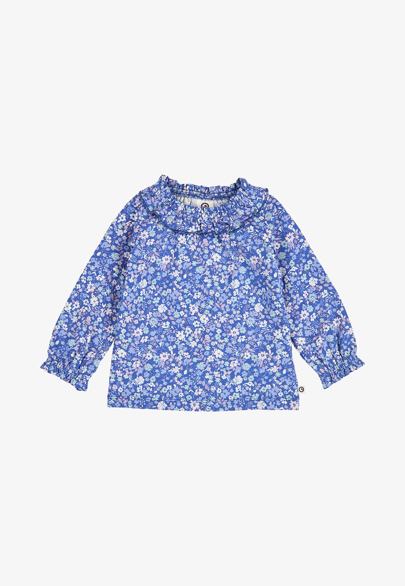 Blouse bleue à manches longues pour fille avec motif floral rose et blanc, col à volants et poignets élastiques.