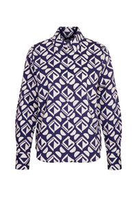 Camicia a maniche lunghe di colore blu navy con un motivo geometrico bianco. Presenta un colletto a punte e una chiusura con bottoni, realizzata in tessuto leggero.