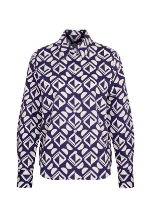 Langarmhemd in Marineblau mit einem geometrischen weißen Muster. Verfügt über einen klassischen Kragen und eine Knopfleiste, aus leichtem Stoff gefertigt.