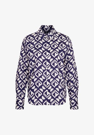Langarmhemd in Marineblau mit einem geometrischen weißen Muster. Verfügt über einen klassischen Kragen und eine Knopfleiste, aus leichtem Stoff gefertigt.