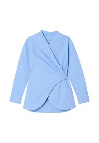 Világoskék, hosszú ujjú, batikolt ing, sima anyagból készült, amely egyedi ívelt szegéllyel és V nyakú mintával rendelkezik.