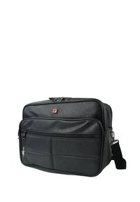 Zwarte leren laptoptas met een gestructureerde afwerking, uitgerust met meerdere ritscompartimenten, een verstelbare schouderband en een opvallend logo.