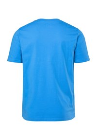 Schlichtes blaues Baumwoll-T-Shirt mit kurzen Ärmeln, Rückansicht, Rundhalsausschnitt und ohne sichtbare Designs oder Logos.