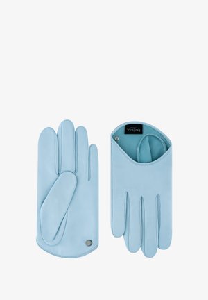 Pair of light blue leather gloves, one palm-side up showing snap button, the other back-side up with brand tag inside wrist opening.