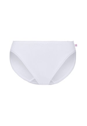 White cotton panties feature a simple design with a smooth texture and scalloped edges. A small pink label is visible on the side.