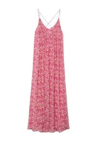 Robe maxi fleurie rose avec bretelles spaghetti, tissu léger, corsage froncé et silhouette fluide, présentant un motif sur l'ensemble.