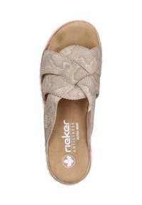 Beige cross-strap sandal with textured upper, soft insole, and white rubber sole. Features anti-stress technology and extra wide fit.