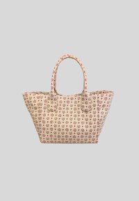 Borsa a tracolla in tela con sfondo chiaro, motivo con logo rosso, due manici e un design spazioso. Presenta cuciture rinforzate.
