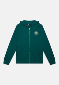 Felpa verde con zip e tasca frontale, caratterizzata da una grafica di sole di un verde più chiaro sul lato sinistro del petto. Realizzata in tessuto morbido, dal design casual.