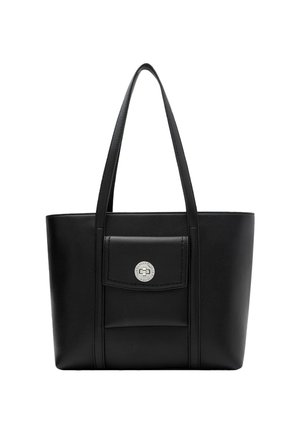Borsa tote nera realizzata in plastica sintetica strutturata, con una tasca frontale decorata da un accent silvero circolare e due spallacci.