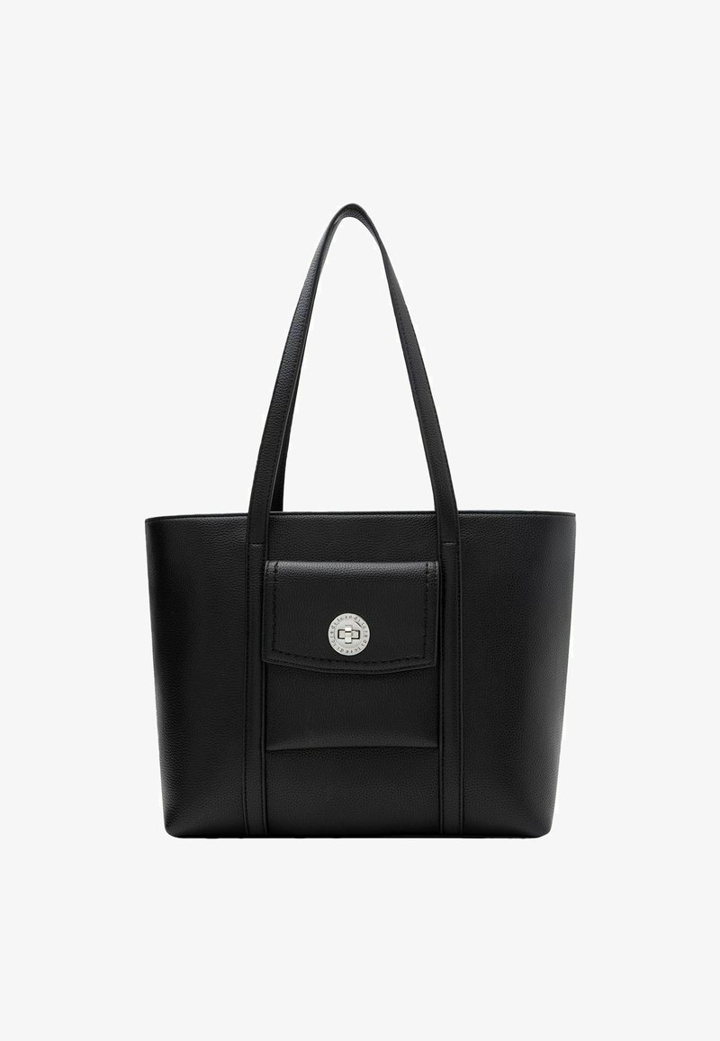 Sac fourre-tout noir en simili cuir texturé, avec une poche avant ornée d'un accent argenté circulaire et deux poignées.