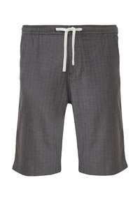 Grijze zwemshorts met een patroon, voorzien van een elastische tailleband en een witte trekkoord. Kenmerkt zich door een relaxte pasvorm en knielange zomen.