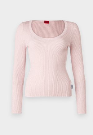Light pink ribbed long-sleeve top with a scoop neckline. Features a slim fit and a small label on the side indicating the brand "Hugo."