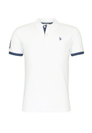 Weißes Polohemd mit kurzen Ärmeln und marineblauen Verzierungen an Ärmeln und Knopfleiste, mit kleinem marineblauem Polo-Spieler-Logo auf der linken Brust.