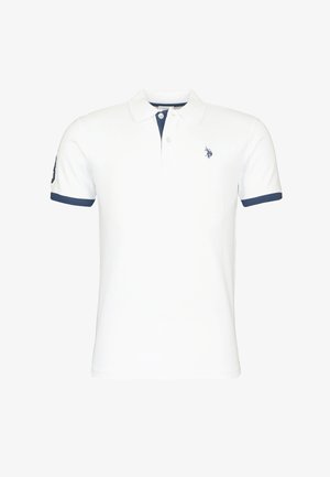 Bela polo majica s kratkimi rokavi in mornarsko modrim trakom na rokavih in gumbu, z majhnim mornarsko modrim logotipom igralca polo na levi strani prsnega koša.