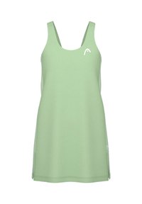 Vestido sin mangas de color verde claro con un escote redondeado, que presenta una textura suave, paneles de malla laterales y un pequeño logo en el pecho.