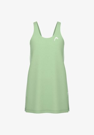 Abito senza maniche verde chiaro con scollatura rotonda, caratterizzato da una superficie liscia, pannelli in rete laterali e un piccolo logo sul petto.