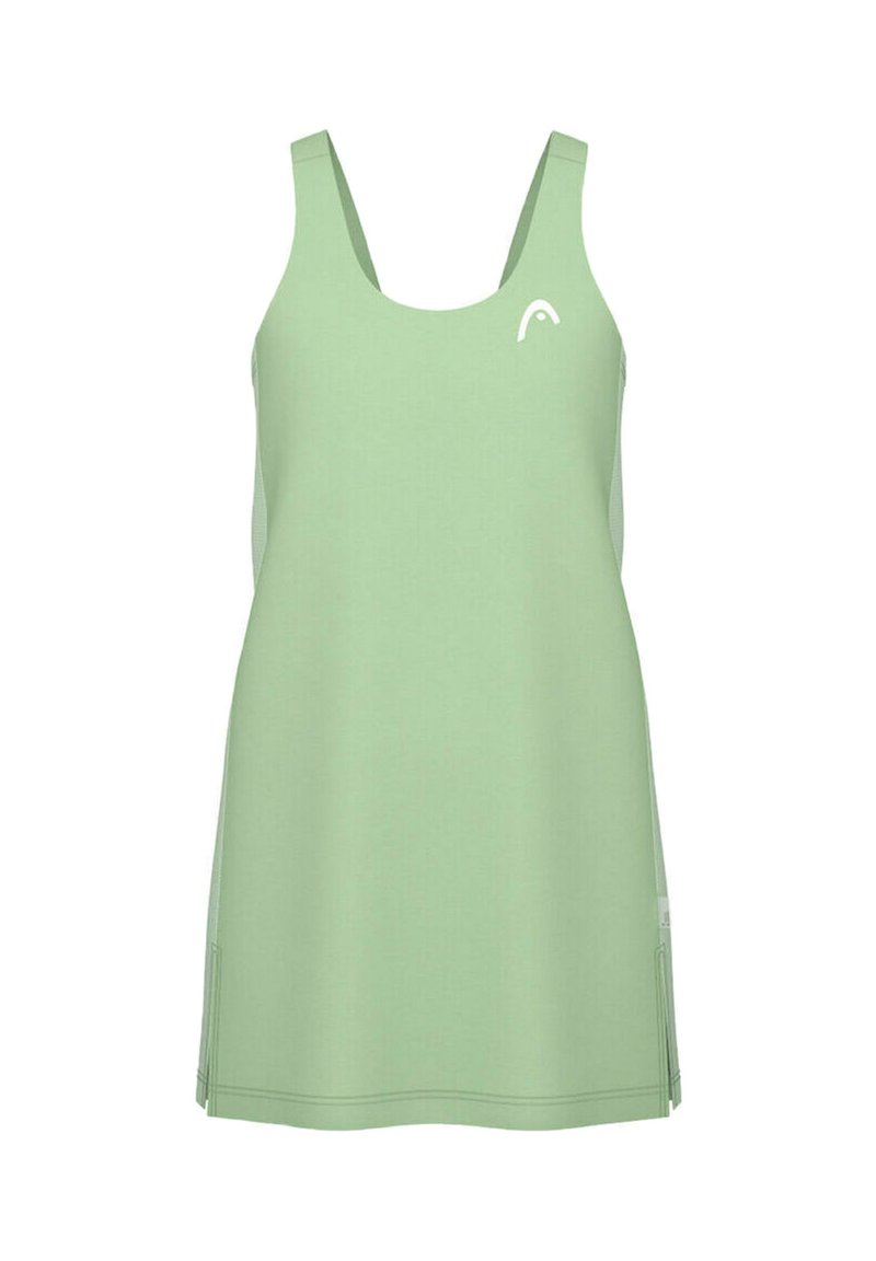 Vestido sin mangas de color verde claro con un escote redondeado, que presenta una textura suave, paneles de malla laterales y un pequeño logo en el pecho.