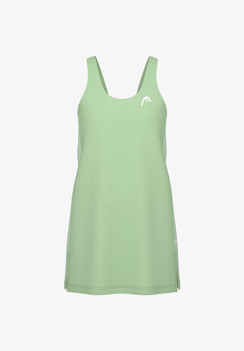 Vestido sin mangas de color verde claro con un escote redondeado, que presenta una textura suave, paneles de malla laterales y un pequeño logo en el pecho.