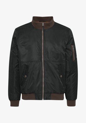 Jachetă bombă neagră cu guler ribbed maro, două buzunare frontale, un buzunar cu fermoar pe mânecă și manșete și tiv elasticizate.