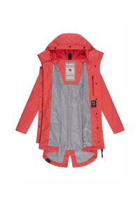 Koraal waterproof jas met een capuchon, grijze voering, ritssluiting aan de voorkant en drukknoopjes. Bevat zijzakken en een ventilatierooster op de rug.
