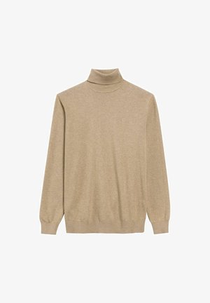 Beżowy sweter z golfem, wykonany z miękkiej dzianiny, z długimi rękawami, prążkowanymi mankietami i małym logo na piersi.