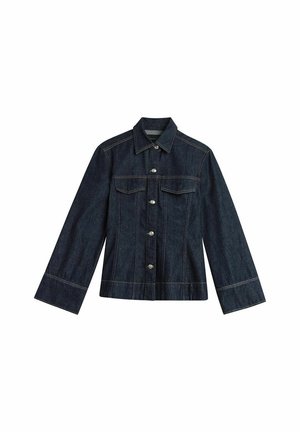 Dunkelblaue Jeansjacke mit spitzem Kragen, Druckknöpfen, zwei Brusttaschen und kontrastierenden Nähten. Verfügt über lange, weit geschnittene Ärmel.