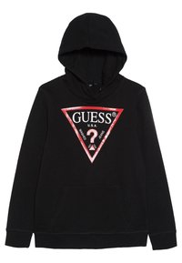 Sweatshirt à capuche noir en tissu doux, présentant un grand logo triangulaire rouge et blanc avec "GUESS" et un point d'interrogation au centre.