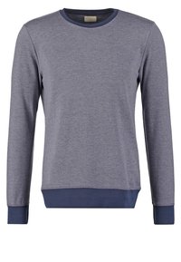 Felpa grigia a maniche lunghe con scollatura rotonda, polsini e orlo a costine di un blu più scuro, e un tessuto morbido e strutturato.