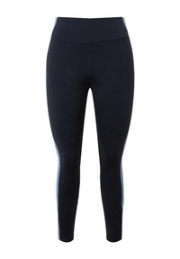 Svarta leggings tillverkade av elastisk tyg, med ljusblå sidostråk och hög midja, designade för komfort och rörelsefrihet.