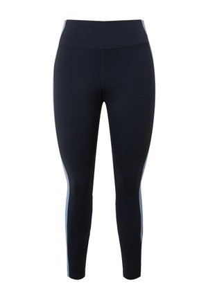 Leggings neri realizzati in tessuto elastico, con strisce laterali azzurro chiaro e una vita alta, progettati per comfort e mobilità.