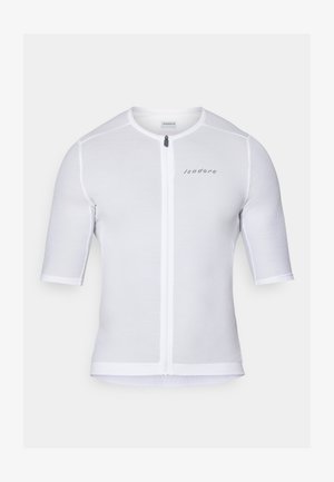 Balts īsām piedurknēm velosipēdu krekls ar rāvējslēdzēja priekšpusi, teksturētu audumu un smalku logotipa detaļu. Iezīmē apaļu kakla izgriezumu un pieguļošu dizainu.