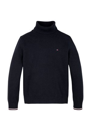 Czarny sweter z długim rękawem i golfem, z małym czerwono-biało-niebieskim logo na piersi oraz paskowanymi mankietami.