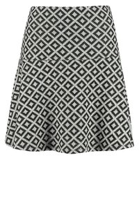 Jupe trapèze en noir et blanc avec un motif géométrique en losanges répétés et une texture subtile.