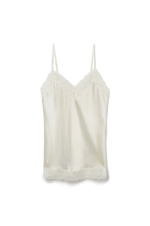 Satin cami med justerbare spaghetti-stropper, med V-udskæring og fin blonderkant langs top- og bundkanter. Farve: off-white.