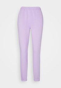 Lila leggings i mjukt tyg, med elastisk midja och avsmalnande anklar. Slät yta utan synliga mönster eller dekorationer.