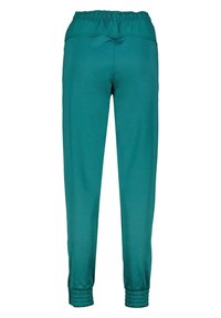 Turquoise joggings met een elastische tailleband, taps toelopende benen en manchetvoegen. Gemaakt van een zachte, gladde stof.