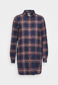Navy and orange plaid shirt made of soft fabric with a collared neckline, long sleeves, and button-down front. Features a straight hem.
