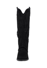 Botas de cowboy de ante negro con puntera puntiaguda, costuras decorativas en forma de llama y lengüetas en el cañón para poner y quitar con facilidad.