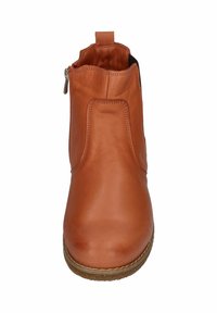 Braunes Leder-Ankle-Boot mit glatter Textur, abgerundeter Zehenpartie, elastischem Seiteneinsatz und einem Reißverschluss auf der Rückseite zum Verschließen.