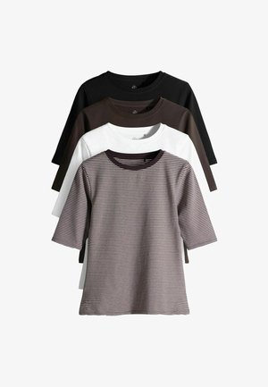 Neli lühikese varrukaga t-särki musta, tumepruuni, valge ja triibulise pruun/valge tooniga. Puuvillane materjal, ümara kaelusega.