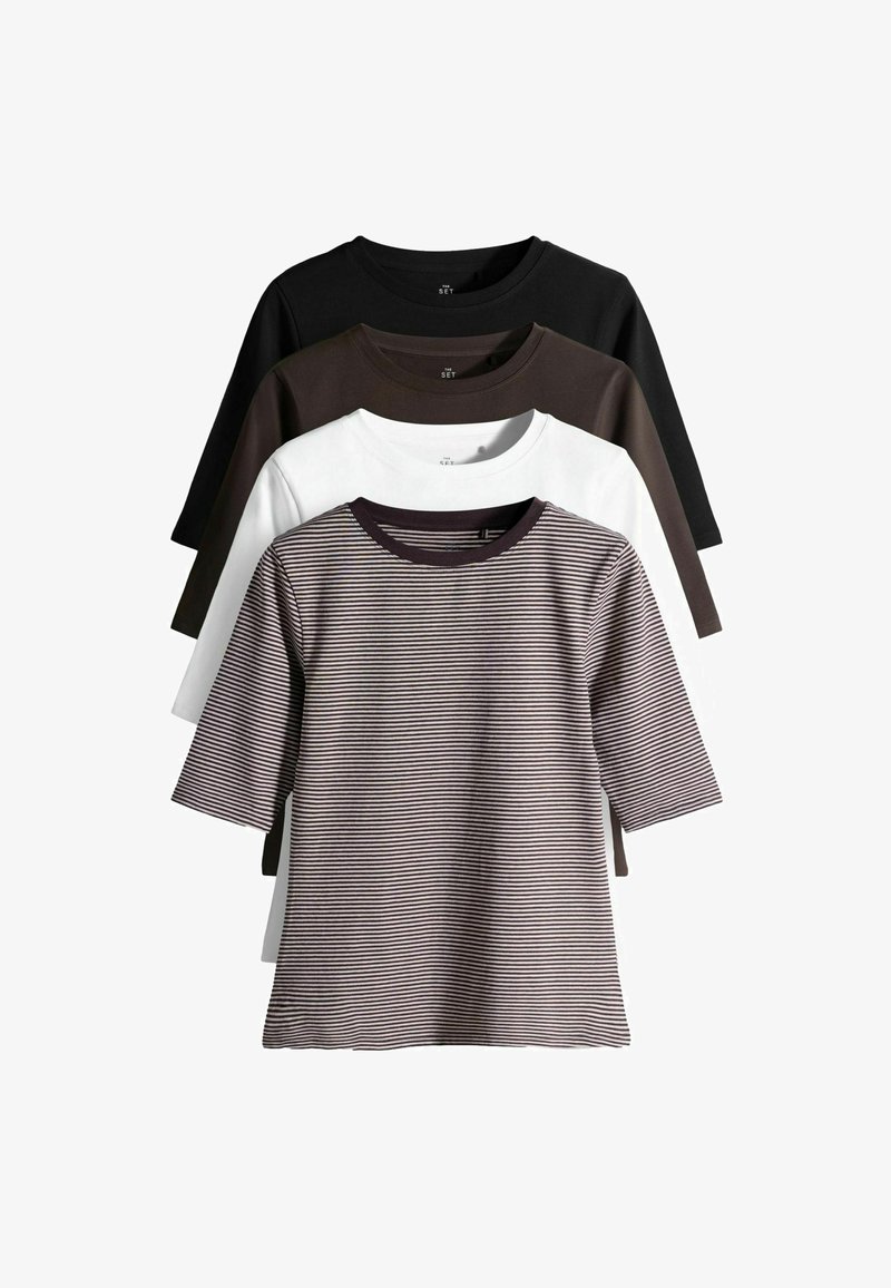 Set di quattro t-shirt a maniche corte in nero, marrone scuro, bianco e a righe marrone/bianco. Materiale di cotone con design a girocollo.